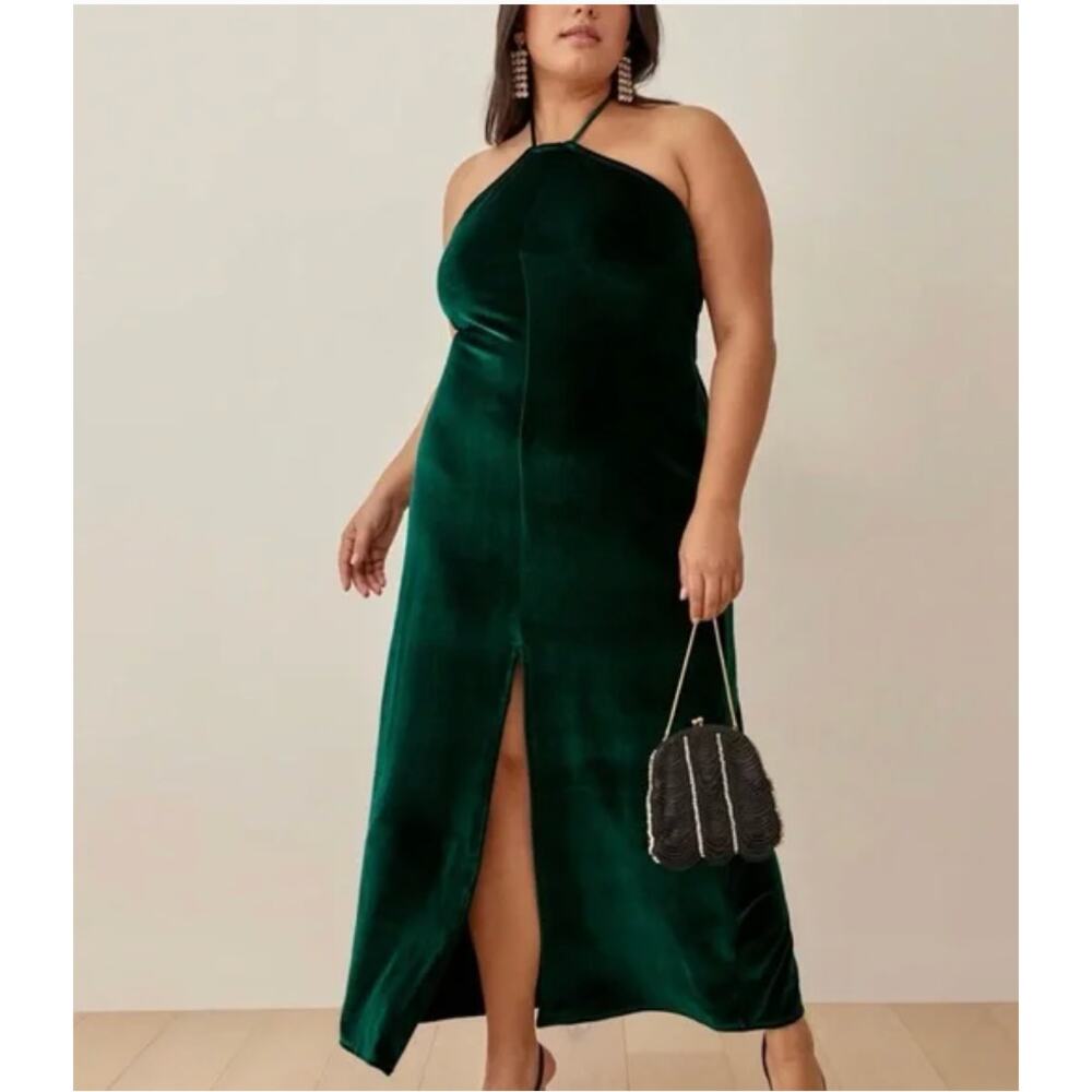 Reformation Nyla Velvet Emerald Maxi Halter Dress
